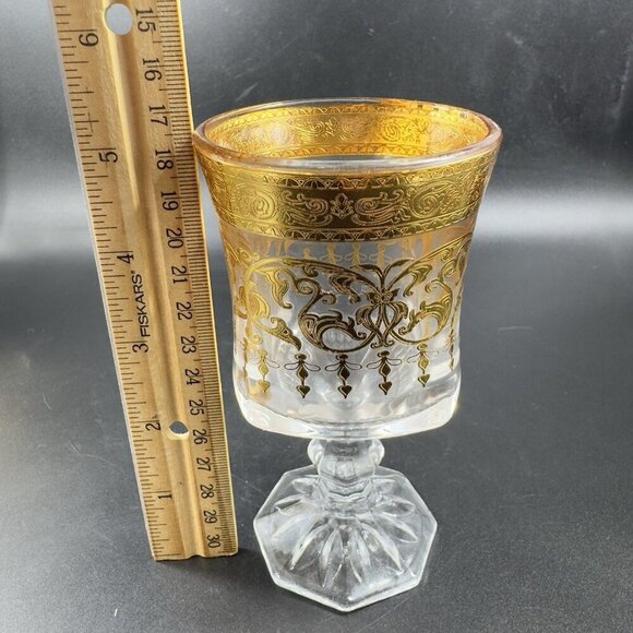 Bohemian Czech Clear Glass Goblet Cups Glasses Heavy Gold Butterfly Pattern 2set - Picture 2 of 15